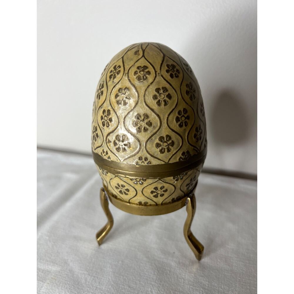 Vintage Century Enamel & Brass Decorative Egg Trinket Box w/Stand 6.5” Tall